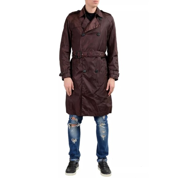 Hugo Boss Dan4 Men's Burgundy Double Breasted Belted Trench